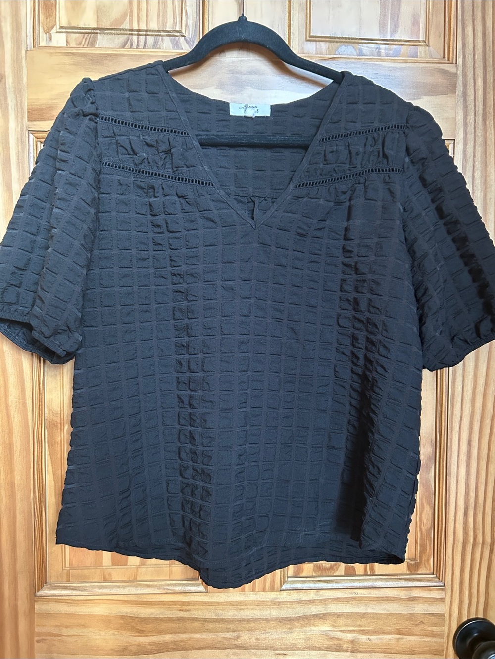 Beacon Black Textured V-Neck Short-Sleeve Blouse
